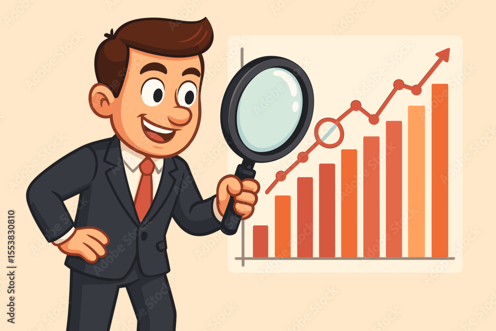 Happy cartoon businessman with a magnifying glass analyzing a financial growth chart. Concept for business analysis, market research, investment strategy, audit, and profit success. Happy cartoon businessman with a magnifying glass analyzing a financial growth chart. Concept for business analysis, market research, investment strategy, audit, and profit success.