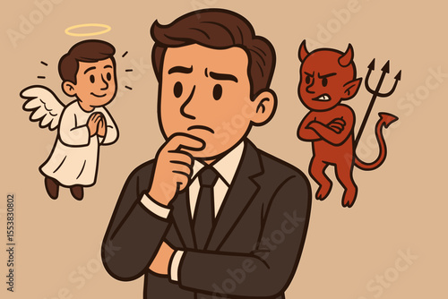 Moral choice concept with angel and devil on a businessman's shoulders. Dilemma of good vs evil, conscience vs temptation. Ethical decision-making conflict. Psychology metaphor vector.
