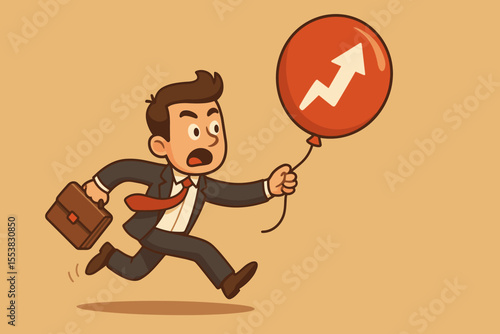 Inflation concept of a businessman chasing a balloon representing rising prices. Economic crisis metaphor. Man running after financial growth and stock market opportunity. Vector.