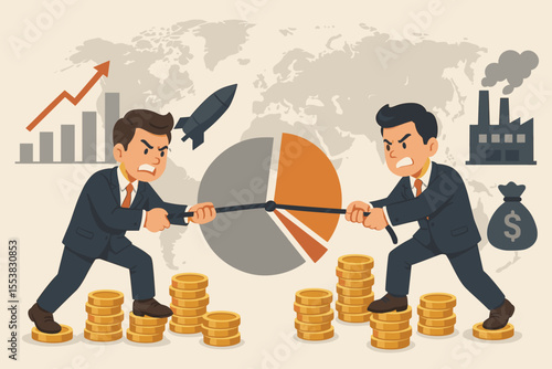 Business competition concept. Businessmen in a tug of war for market share. Corporate rivalry, trade war, and investment conflict. Global economic battle for profit and dominance.