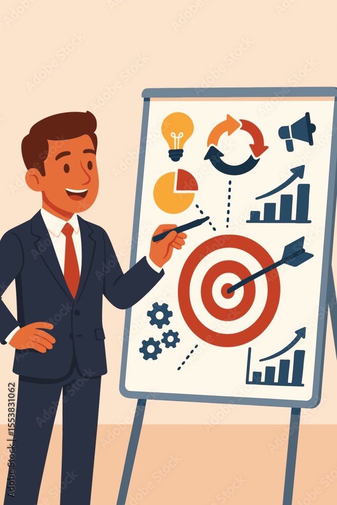 Business strategy concept with a manager presenting a marketing plan. Businessman pointing at a whiteboard with target goal, growth chart, and idea icons for project success. Business strategy concept with a manager presenting a marketing plan. Businessman pointing at a whiteboard with target goal, growth chart, and idea icons for project success.