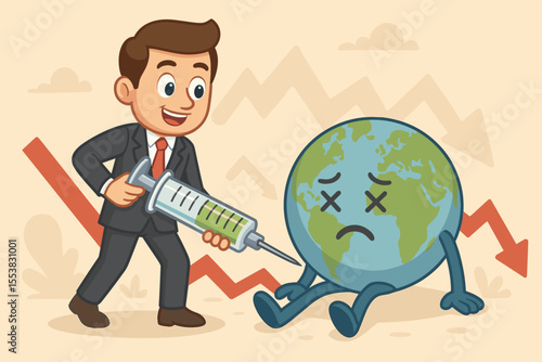 Businessman injects money stimulus into sick global economy. Conceptual cartoon of financial aid to revive the world from recession. Investment vaccine to cure the market crisis.