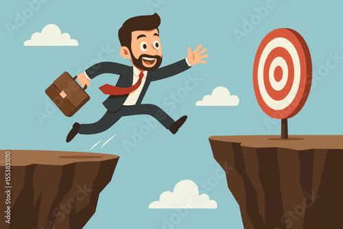 Businessman jumping over chasm to reach a target. Business concept illustration of overcoming challenges, taking risks, and achieving goals. Metaphor for success, ambition, courage, and career growth.