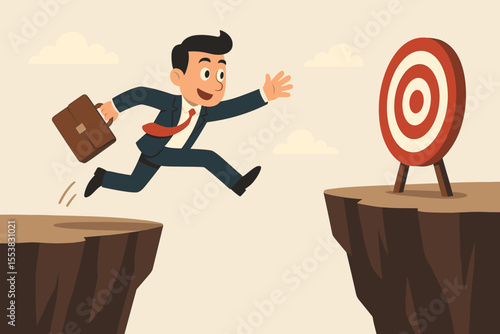 Brave businessman taking a leap of faith over a chasm to reach a target goal. Business concept of overcoming obstacles, ambition, risk, challenge, and achieving success. Vector.