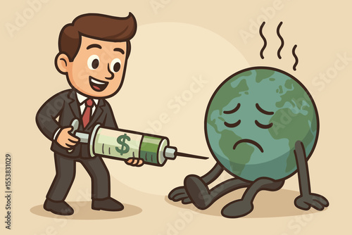 Businessman injects money into sick Planet Earth. Metaphor for economic stimulus, financial aid to revive a failing global economy. Concept of a bailout for recession and crisis.
