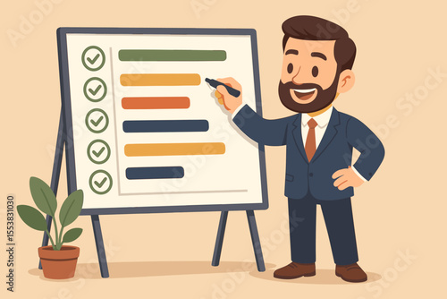 Businessman Writing on Whiteboard Checking Off Completed Tasks and Goals. Project Management, Business Planning, Strategy, Success, Achievements, Milestones.