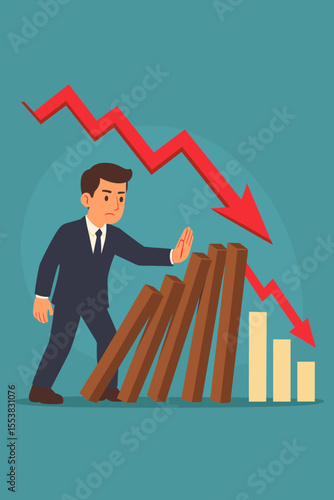 Businessman stopping domino effect concept. Preventing stock market crash. Managing investment risk during economic recession. Financial stability and capital preservation metaphor.