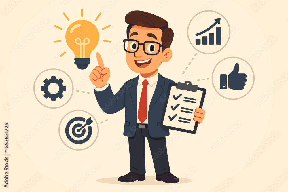 Businessman presenting an innovative idea for business growth. Happy manager character with a lightbulb, clipboard checklist, and icons for strategy, goals, and success. Vector cartoon. Businessman presenting an innovative idea for business growth. Happy manager character with a lightbulb, clipboard checklist, and icons for strategy, goals, and success. Vector cartoon.