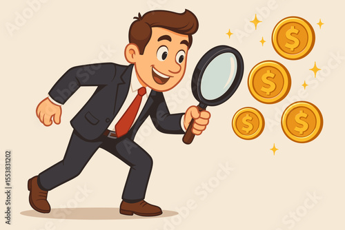 Businessman with magnifying glass searching for gold dollar coins. Financial concept of finding lucrative opportunities, investment analysis, profit seeking, and business success. Cartoon vector.
