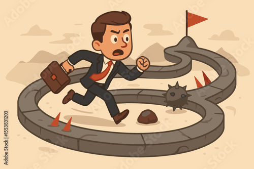 Businessman running in a circle on a challenging career path with obstacles. Metaphor for the rat race, futile work, stress, and professional burnout. Business trap concept vector.