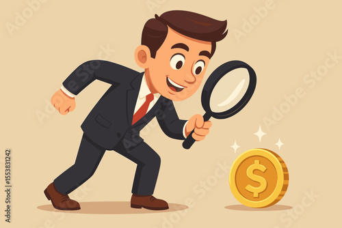 Businessman searching for lucrative opportunities with a magnifying glass. Cartoon vector of a manager inspecting a shiny gold dollar coin. Concept of investment, profit, success.
