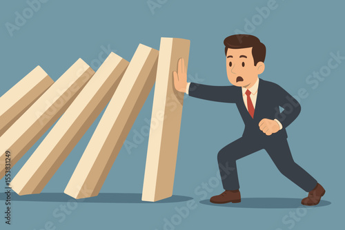 Businessman stopping the domino effect. Metaphor for risk management, crisis intervention, and prevention. Business leadership concept for problem solving and stopping a disaster.