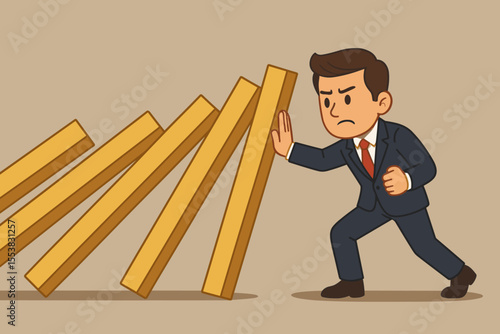 Businessman stopping falling dominoes. Risk management and crisis intervention concept. Metaphor for preventing the domino effect and chain reaction. Business problem solution vector.