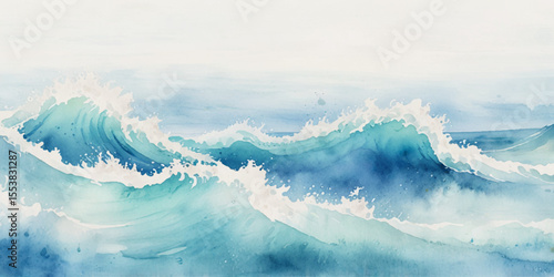Blue ocean wave background. Blue and white water ocean background. Wavy line background. Hand drawn watercolour ocean background. Vector illustration.	
