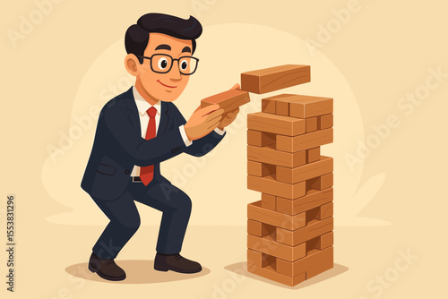 Businessman playing a wood block tower game. A concept for business strategy, risk management, and careful planning. Metaphor for building a company with a stable foundation.