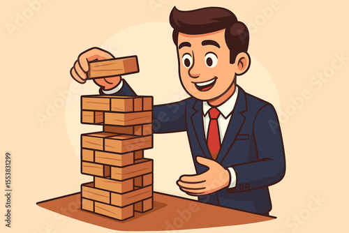 Risk management metaphor. Businessman strategically builds a wooden block tower. Concept for business planning, stability, strategy, foundation, growth, and success. Vector illustration.