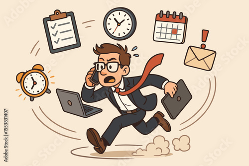 Busy businessman running with briefcase and phone, managing urgent tasks, deadlines, calendar events, emails, and time pressure, multitasking stress concept vector illustration