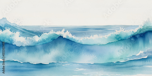 Blue ocean wave background. Blue and white water ocean background. Wavy line background. Hand drawn watercolour ocean background. Vector illustration.	