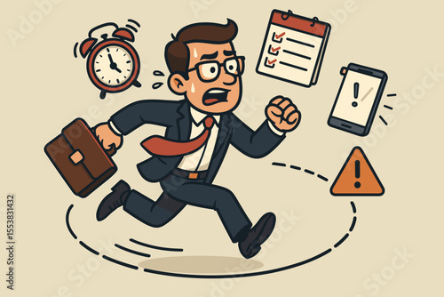 Stressed businessman running in circles, overwhelmed with urgent tasks, deadlines, time management issues. Cartoon vector illustration of a chaotic work environment, office pressure, and burnout.