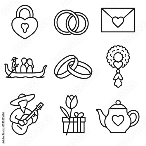 Valentine's Symbols Icons. Outline style icons of Valentine’s Symbols Around the World Silhouette: French love lock, Korean couple