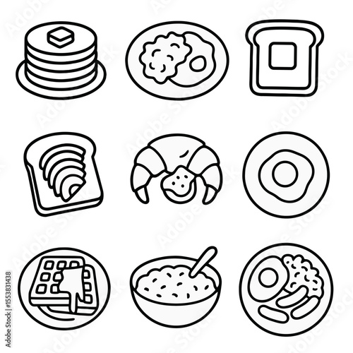 Breakfast Outline Icons. Outline style icons of Breakfast and Brunch Plates: pancakes stack, scrambled eggs, toast with butter,