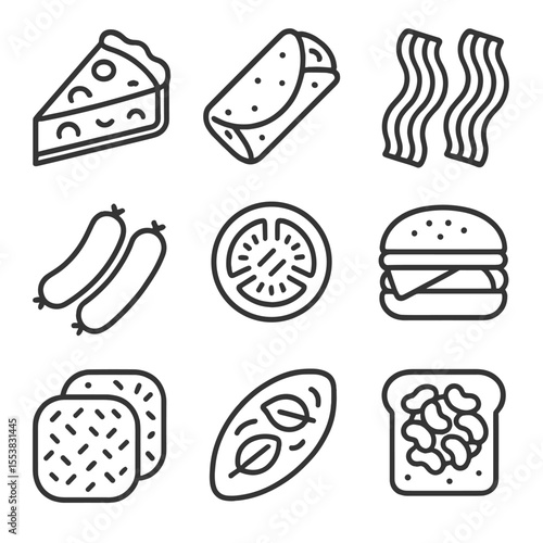 Savory Brunch Icons. Outline style icons of Savory Brunch Foods: quiche slice, breakfast burrito, bacon strips, sausage links,