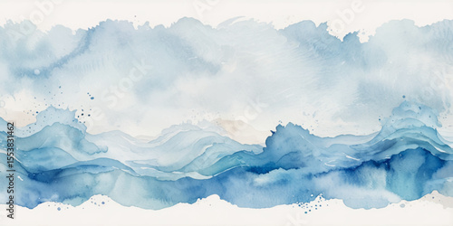 Blue ocean wave background. Blue and white water ocean background. Wavy line background. Hand drawn watercolour ocean background. Vector illustration.	