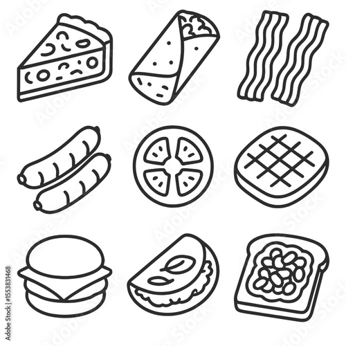 Savory Brunch Icons. Outline style icons of Savory Brunch Foods: quiche slice, breakfast burrito, bacon strips, sausage links,