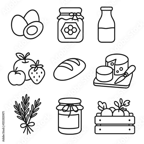 Farm-to-Table Icons. Outline style icons of Farm-to-Table Breakfast: farm eggs, local honey jar, fresh milk bottle, organic fruits