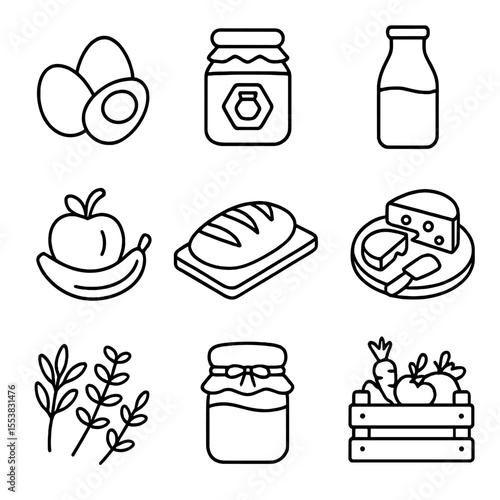 Farm-to-Table Icons. Outline style icons of Farm-to-Table Breakfast: farm eggs, local honey jar, fresh milk bottle, organic fruits
