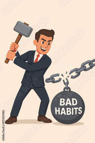Confident businessman breaks chain with bad habits weight. Metaphor for overcoming addiction, challenges, and limitations. Self-improvement, freedom, personal growth concept vector.