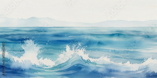 Blue ocean wave background. Blue and white water ocean background. Wavy line background. Hand drawn watercolour ocean background. Vector illustration.	