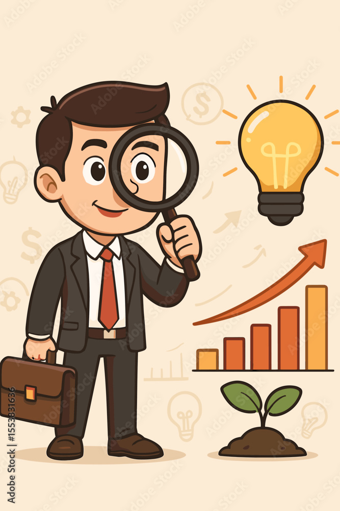 Cartoon entrepreneur with magnifying glass searching for investment ideas. Concept of business analysis, market research, startup growth, profit potential, and financial success vector. Cartoon entrepreneur with magnifying glass searching for investment ideas. Concept of business analysis, market research, startup growth, profit potential, and financial success vector.