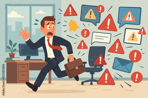 Information overload and work stress concept. Panicked businessman running away from the office, chased by warning signs, notifications, and urgent tasks. Burnout and deadline pressure.