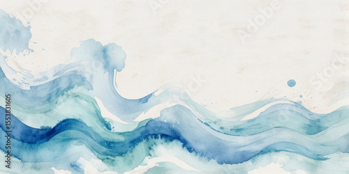 Blue ocean wave background. Blue and white water ocean background. Wavy line background. Hand drawn watercolour ocean background. Vector illustration.	
