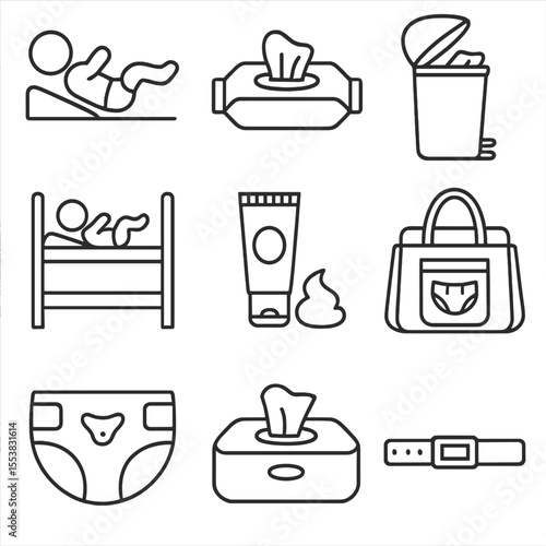 Diaper Changing Essentials. Outline style icons of Diaper Changing Silhouette: baby lying on pad, wet wipe pack, used diaper bin,