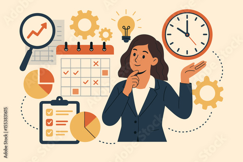 Project management concept with businesswoman planning a schedule. Time management, strategic business planning, and task organization. Workflow efficiency and meeting deadlines vector.