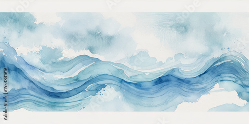 Blue ocean wave background. Blue and white water ocean background. Wavy line background. Hand drawn watercolour ocean background. Vector illustration.	
