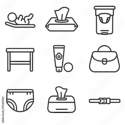 Diaper Changing Essentials. Outline style icons of Diaper Changing Silhouette: baby lying on pad, wet wipe pack, used diaper bin,
