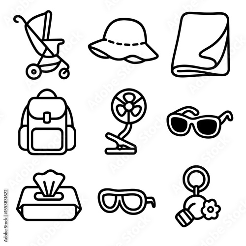 Outdoor Baby Gear Icons. Outline style icons of Outdoor Baby Gear Silhouette: baby stroller, sun hat, lightweight blanket,