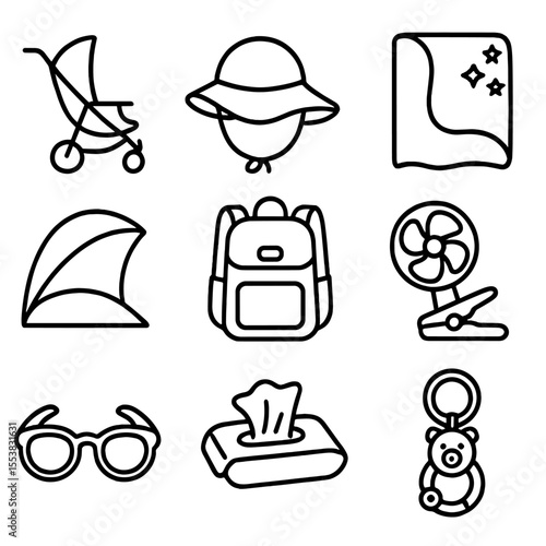 Outdoor Baby Gear Icons. Outline style icons of Outdoor Baby Gear Silhouette: baby stroller, sun hat, lightweight blanket,