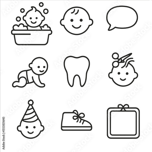 Baby Firsts Icons. Outline style icons of Baby Firsts Silhouette: first bath, first giggle, first word bubble, crawling step,