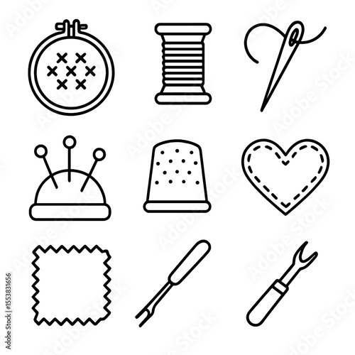Needlework Icon Set. Outline style icons of Needlework and Embroidery: embroidery hoop, thread spool, cross-stitch pattern,
