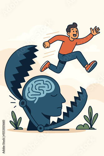 Man escaping a mental trap. Concept of overcoming limitations and breaking the comfort zone. Metaphor for personal growth, freedom of mind, and positive mindset change. Psychology vector.