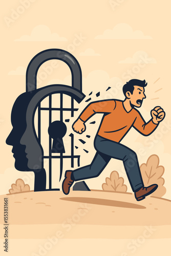 Man escaping mental prison concept. Breaking free from limitations & comfort zone. Mental health, psychology & personal growth metaphor. Mind freedom, mindset shift vector illustration.