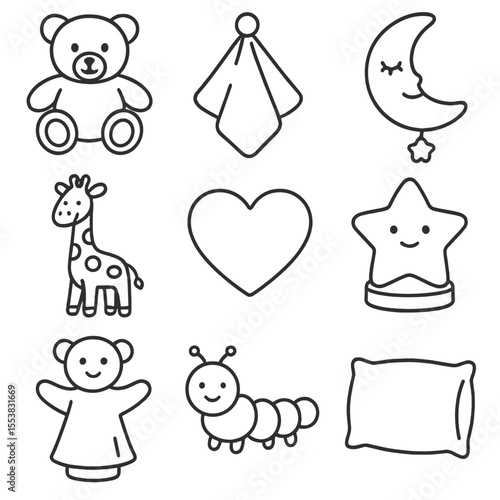 Soft Toy Silhouettes. Outline style icons of Soft Toys and Comforts Silhouette: plush teddy, baby-sized blanket, lullaby toy,
