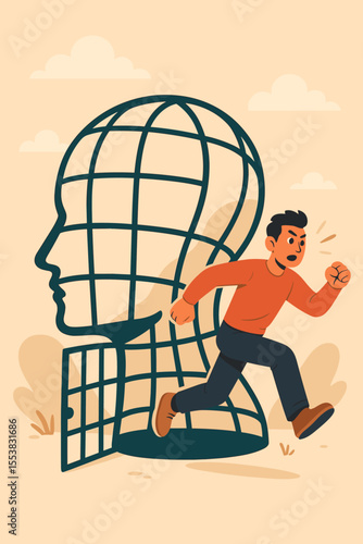Breaking free from a mental prison. Man escapes a head-shaped cage. Metaphor for overcoming personal limitations, comfort zone, and negative thoughts. Psychology vector illustration.