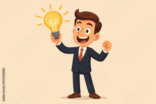 Happy businessman cartoon character holding a glowing lightbulb. Creative idea, innovation, inspiration, and business solution concept. Successful entrepreneur having a eureka moment.