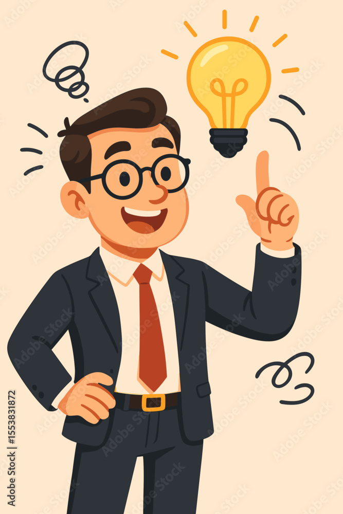 Innovative Business Solutions: Happy Businessman Brainstorming New Ideas with a Light Bulb Symbolizing Creativity and Success. Vector Cartoon Illustration. Innovative Business Solutions: Happy Businessman Brainstorming New Ideas with a Light Bulb Symbolizing Creativity and Success. Vector Cartoon Illustration.