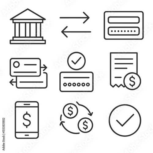Bank Transfer Icons. Outline style icons of Bank Transfer: bank building, wire transfer arrows, routing number input, account to